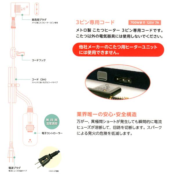 メトロ電気工業 こたつコード 3m BC-KE21D(A) 交換用 METRO メトロ製