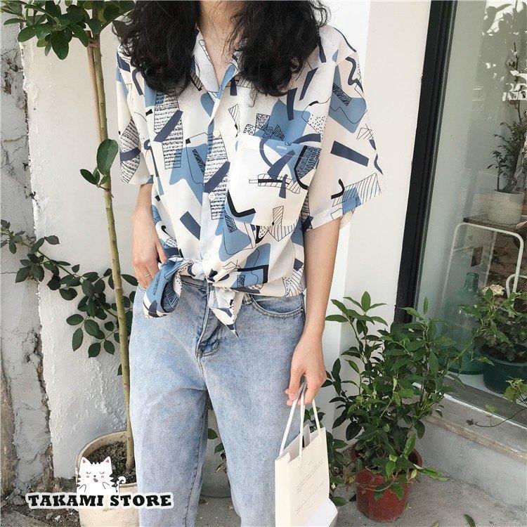 アロハシャツ レディース トップス 幾何学模様 開襟シャツ 半袖