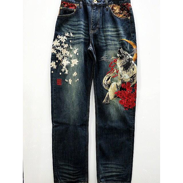 絡繰魂 デニムパンツ 和柄 狼桜極彩 カラクリ魂 : takafuku1915 - 通販