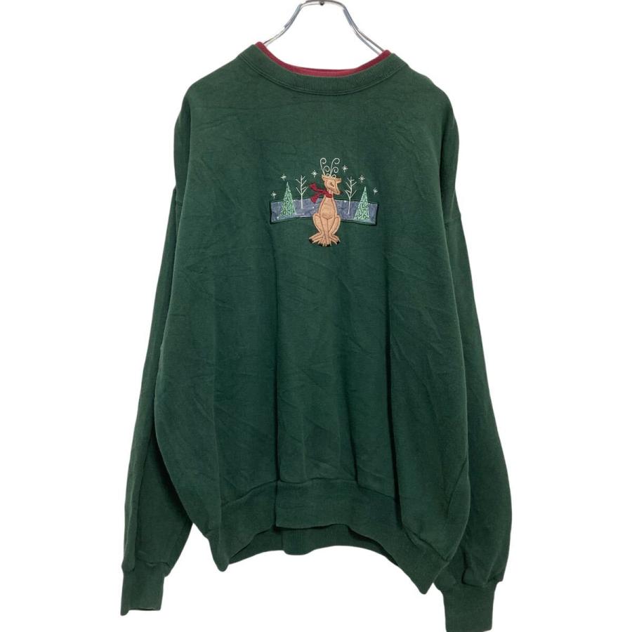 ロゴスウェット トレーナー XL〜 ダークグリーン レイヤードネック