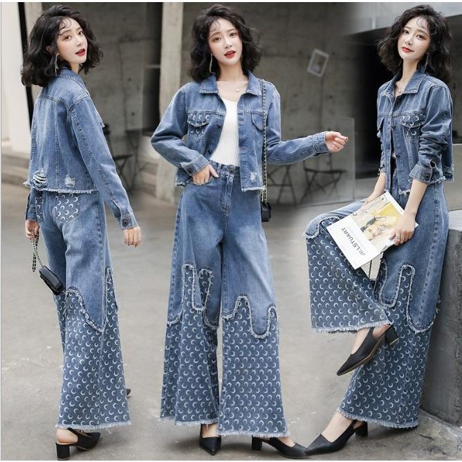 セットアップ デニムセット トップス ワイドパンツ 上下セット 長袖 秋