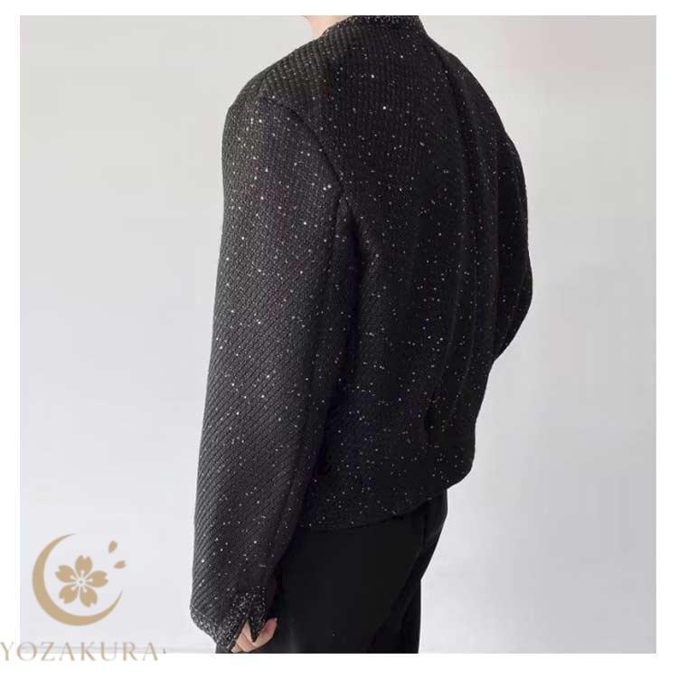 ジャケット メンズ 秋 黒 ツイードジャケット 韓国系 ノーカラー