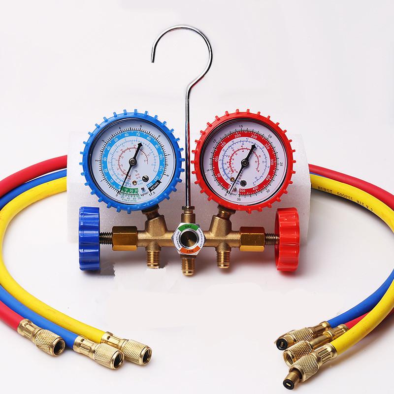 送料無料 エアコン マニホールドゲージセット ホースとフック付き 空調