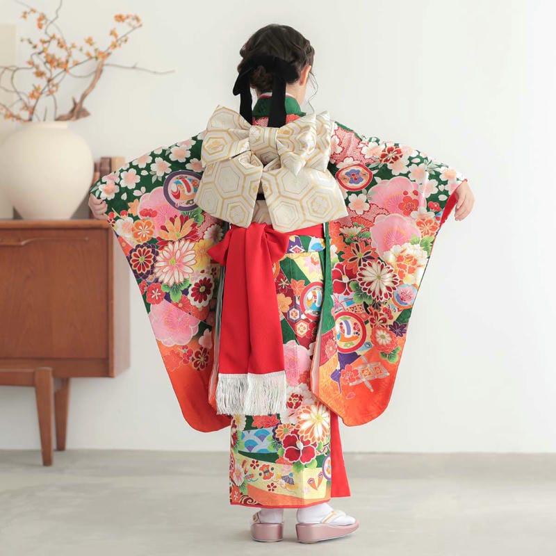 七五三 7歳着物 レンタル フルセット 緑 熨斗に花車 女の子 七歳 753