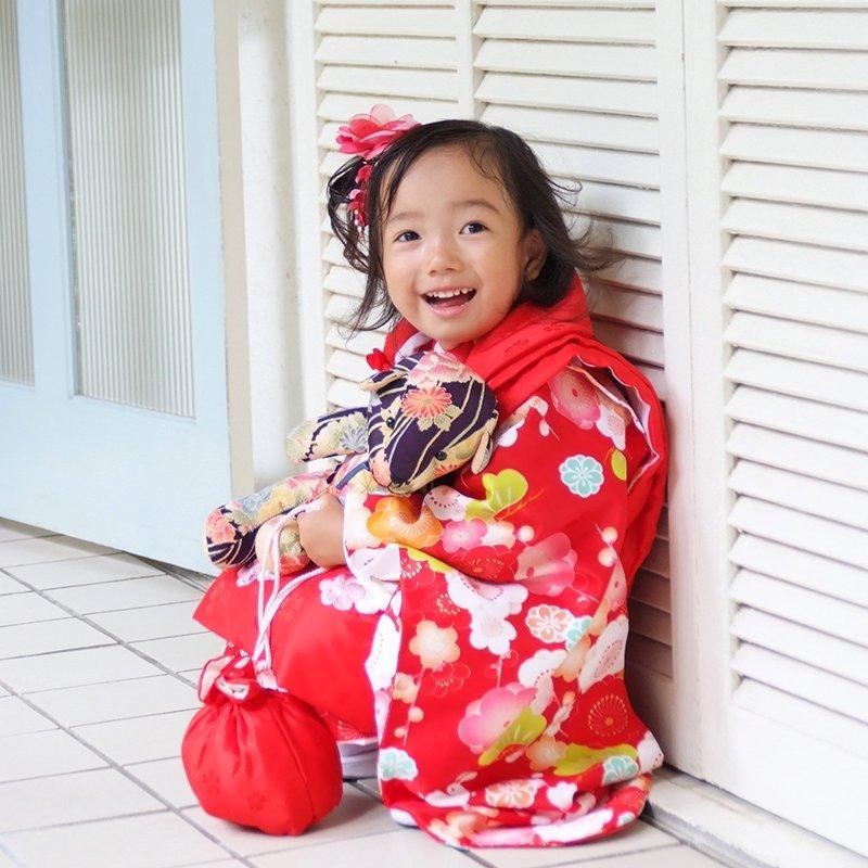 七五三 着物レンタル 3歳 753 女の子 フルセット 被布 赤×赤 梅と