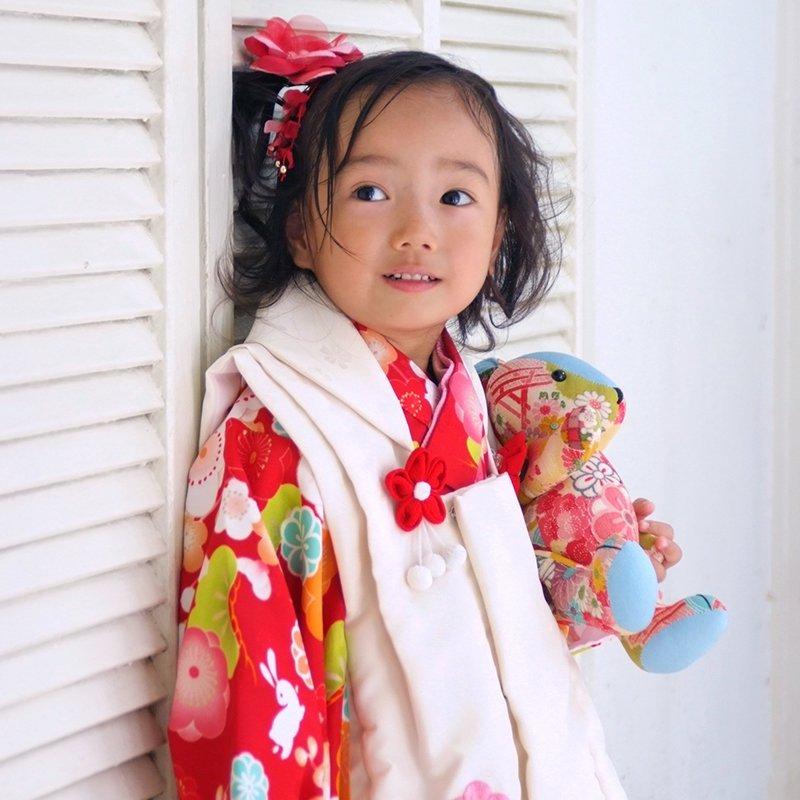 七五三 着物レンタル 3歳 753 女の子 フルセット 被布 白×赤 梅と