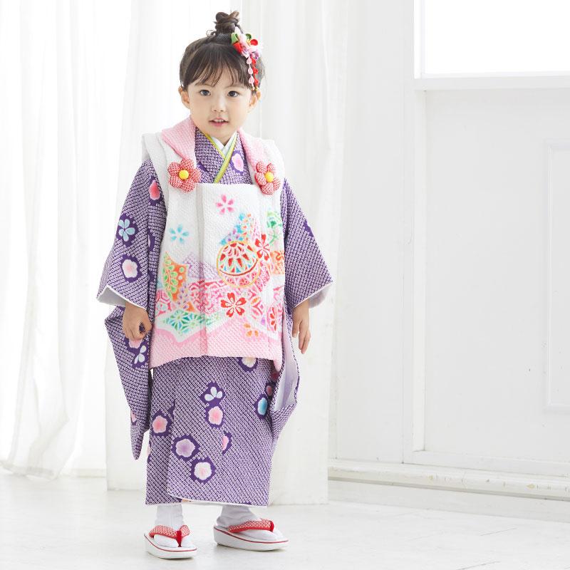 七五三 着物レンタル 3歳 753 女の子 フルセット 被布 総絞り 紫×白