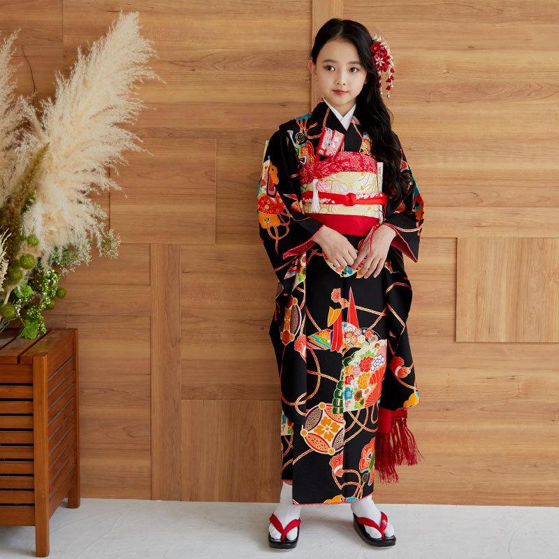 七五三 7歳着物 レンタル フルセット 紅一点 ブランド着物 黒 扇面に