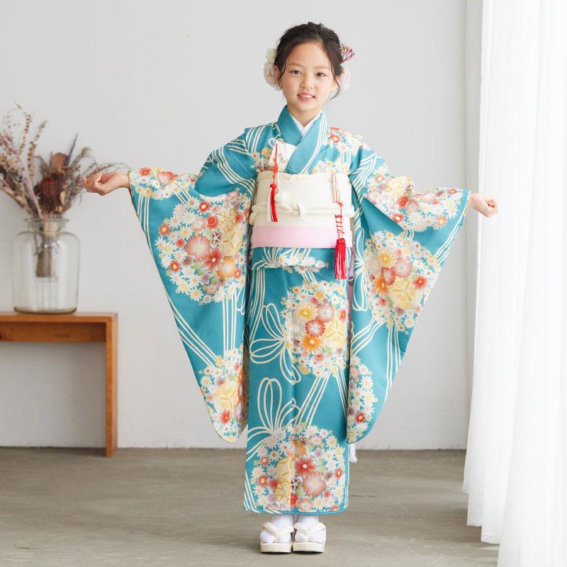 七五三 7歳着物 レンタル フルセット 水色 花薬玉に立湧 女の子 七歳