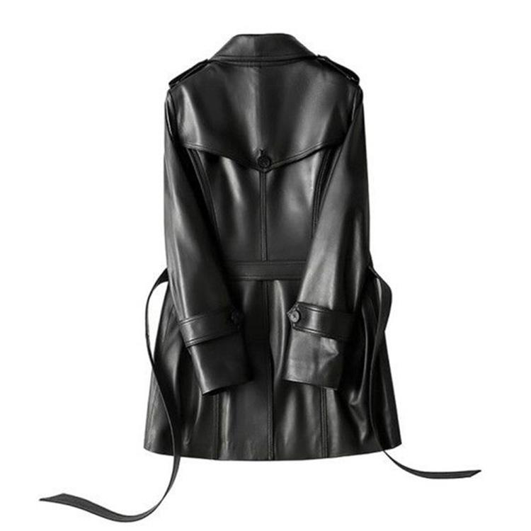 ベルト付き ラムレザージャケットコート ミドル丈 トレンチ レディース