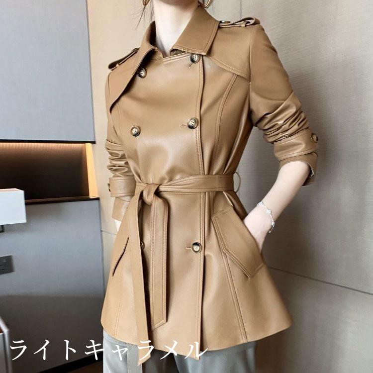 ベルト付き ラムレザージャケットコート ミドル丈 トレンチ レディース