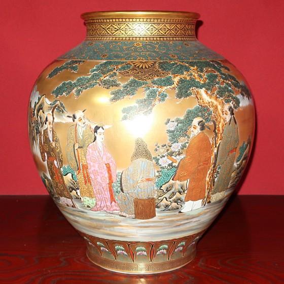 九谷焼 【故物】花瓶 陶器 特大台付花瓶（24号高さ74cm)）本金割取 七