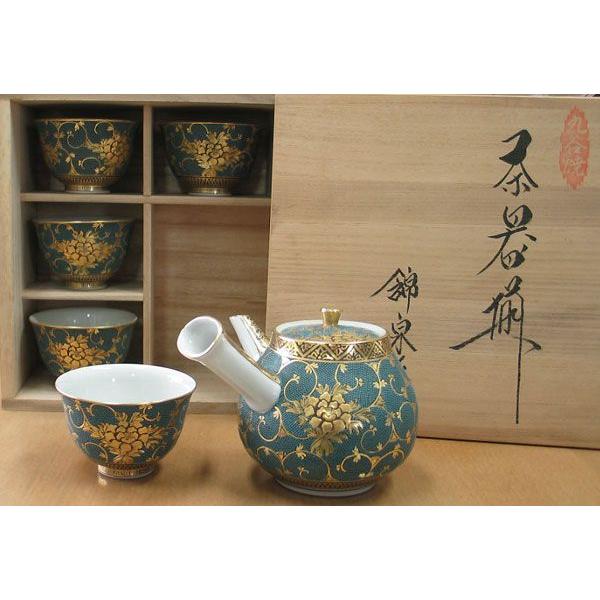 九谷焼 茶道具 茶器(急須・碗5ヶ入）九谷焼 本金青粒牡丹 錦泉作