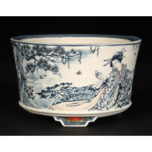 七代渋草柳造染付山水鯨図丸鉢 盆栽鉢 鉢 植木鉢 盆器 作家鉢