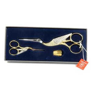 コウノトリ鶴はさみ17cm & 9cm大小セット 金メッキ足 指ぬき付 完品