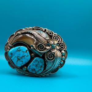 ターコイズとコーラルのコンビバックル インディアンジュエリー