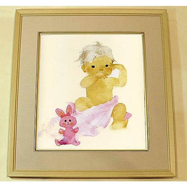 絵画 いわさきちひろ ピンクのうさぎと赤ちゃん 額 児童画 色紙 送料