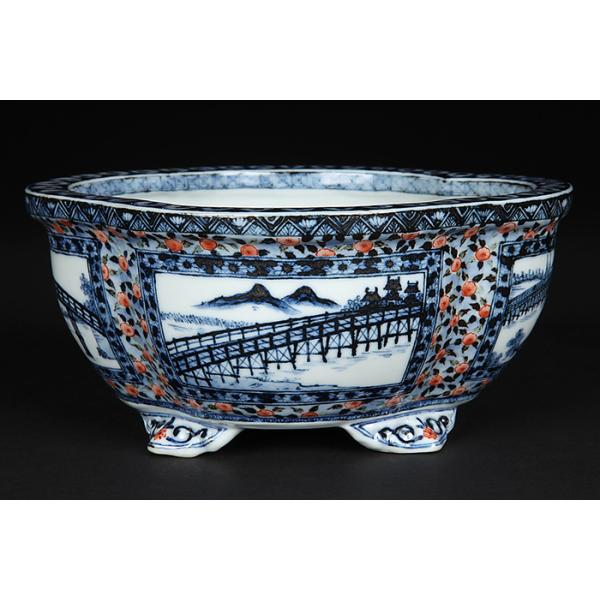 九谷理節染付赤絵窓抜草花山水図木瓜式鉢 盆栽鉢 鉢 植木鉢 盆器 藍