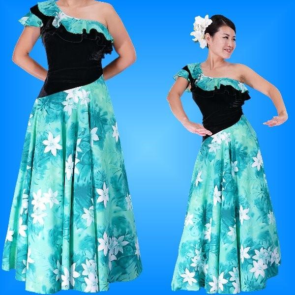 フラダンス ワンショルダー ベルベット斜め切り替え ドレス グリーン