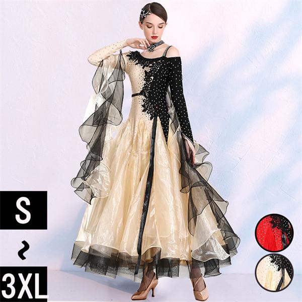 社交ダンス ワンピース モダンドレス 赤 大きいサイズ 長袖 黒 ダンス