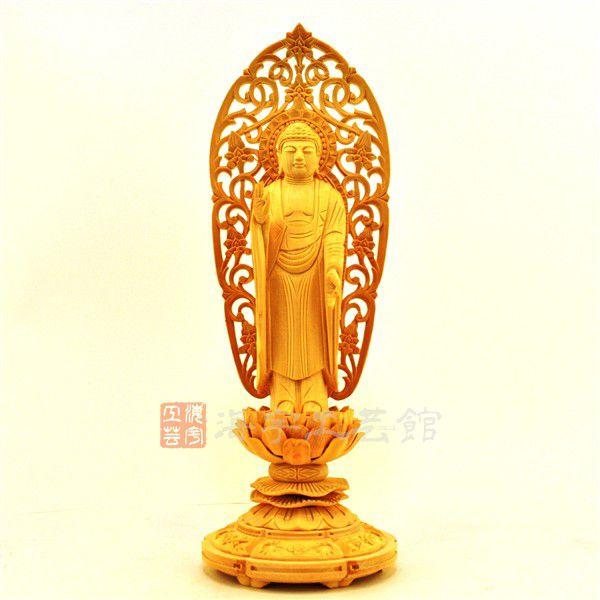 ☆舟形阿弥陀如来 唐草光背丸台 桧 立4.0寸 : 海宇工芸館 Yahoo!店