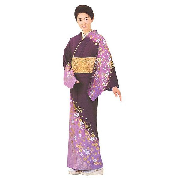 訪問着 女性 胴抜き プレタ 踊り 絵羽 洗える着物 濃い紫 枝垂桜