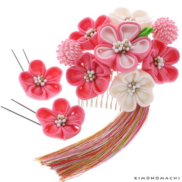 Prices down5）成人式 髪飾り つまみ細工 お花 3点セット「ピンクの