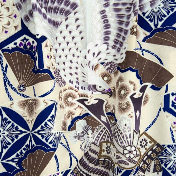 七五三 着物 3歳〜5歳 羽織袴セット 「クリーム扇面兜に鷹×黒菱型