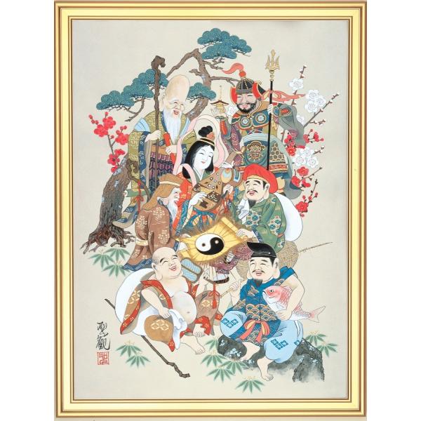 七福神 開運絵画 東聖観 手刷りシルクスクリーン 額装 飾り 壁掛け