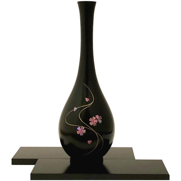 花瓶 螺鈿 (らでん）桜 高岡銅器 螺鈿細工 銅製花瓶 縁起物 あわび貝