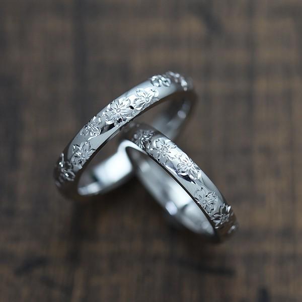 結婚指輪 プラチナ PT900 ペアリング 彫刻 桜 ダイヤ 0.03ct リング 桜