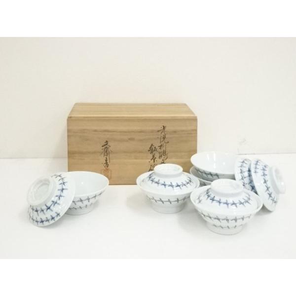 ys6814084; 宗sou 小川文斎造 光悦折鶴文蓋付飯茶碗5客（共箱）【道