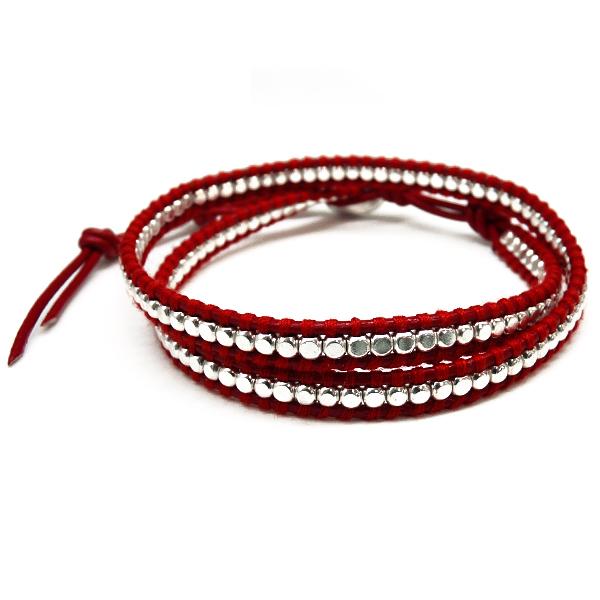 本革2連 ワンランク上のラップブレス 赤レザー レッド シルバー男性