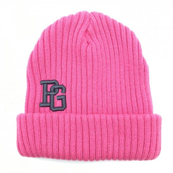 超美品】パーリーゲイツ ニット帽 ピンク×グレー ストライプ編み