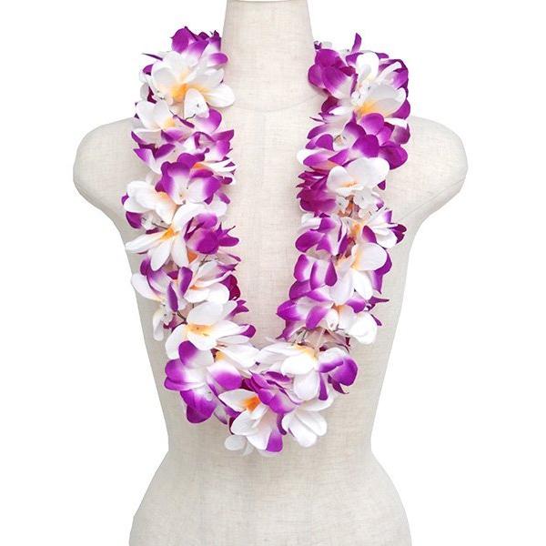 フラダンス ハワイアンレイ レイ Eプルメリアレイ パープルホワイト 紫