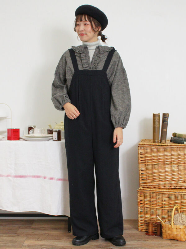 セール】 ウール混タックサロペット（ブラック/ワンピース/サロペット