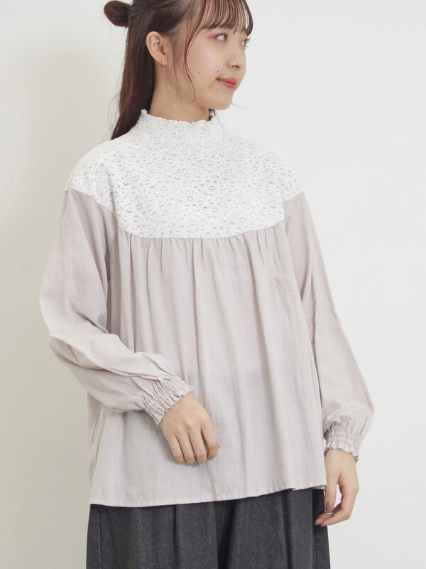 セール】 レースラウンド切替ブラウス（オフホワイト/グレー/ブラック