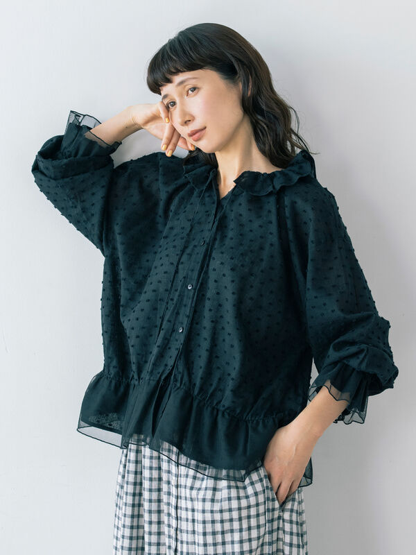 セール】 【kazumi×Samansa Mos2】フリルカラーチュールブラウス（オフ