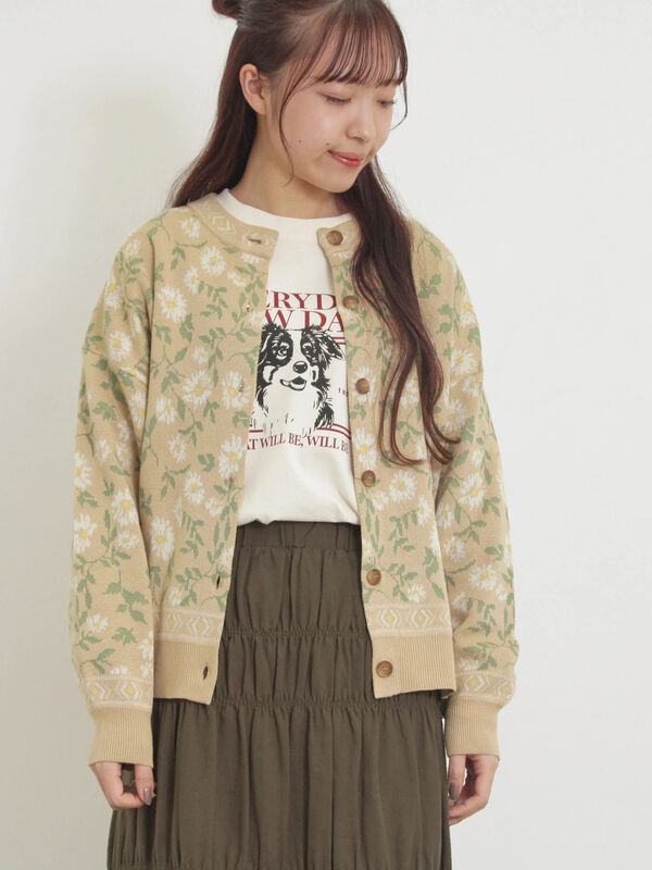 セール】 花柄ジャカードカーディガン（ブラック/ベージュ/グリーン