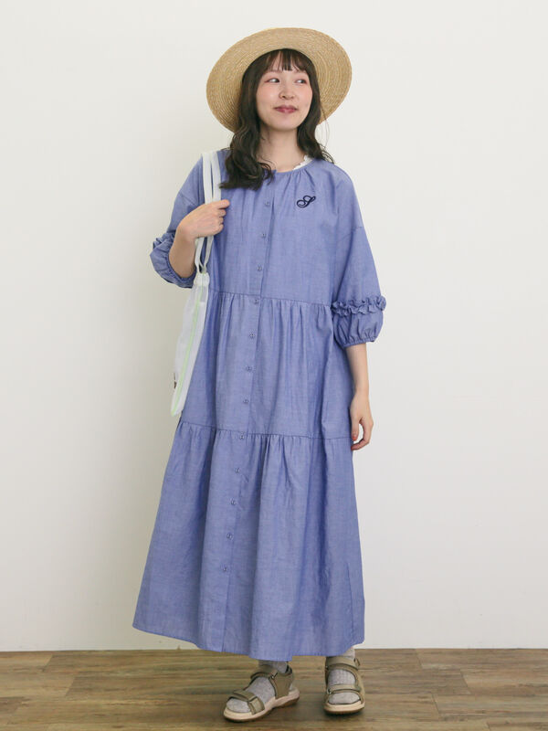 セール】 【S/Mサイズ】イニシャル刺繍7分袖ティアードワンピース