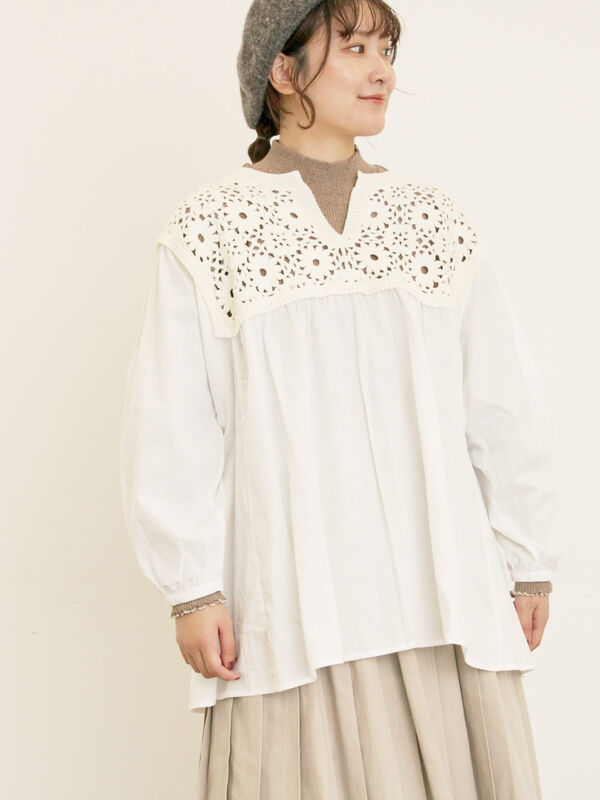 セール】 花柄ニット+布帛切替チュニック（ブラック/オレンジ/モカ