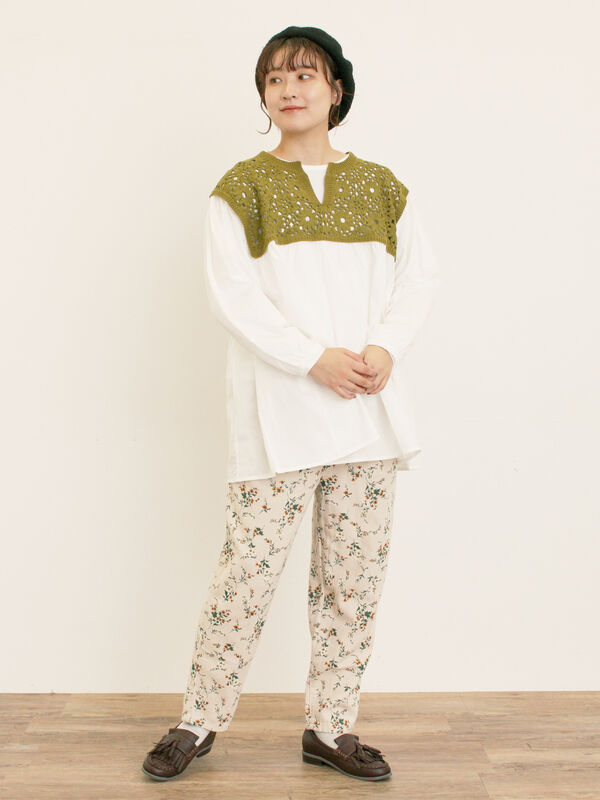 セール】 花柄ニット+布帛切替チュニック（ブラック/オレンジ/モカ