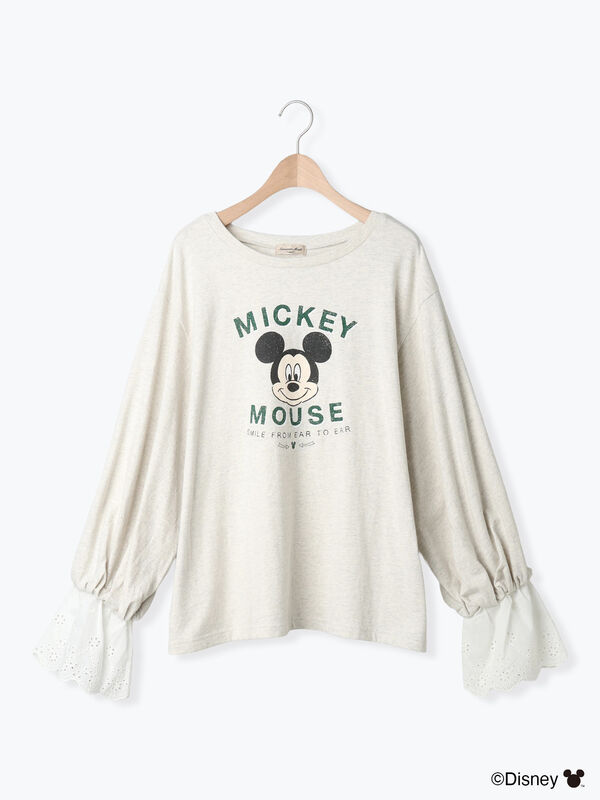 セール】 【Disney】ミッキーマウス/袖口レースロンT（グレー/モカ