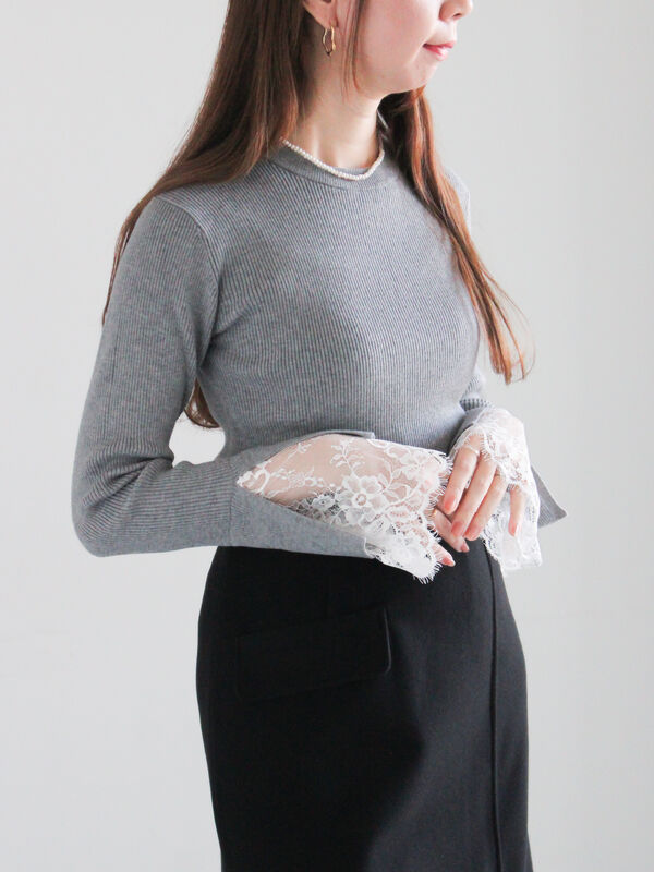 セール】 レースカフスレイヤードニット（オフホワイト/グレー