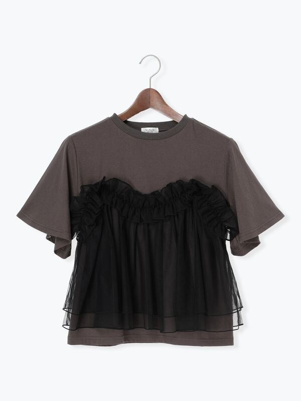 チュールビスチェドッキングトップス（オフホワイト/チャコールグレー