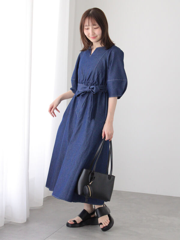 セール】 ウエストリボン付きランタンスリーブワンピース（ブラック