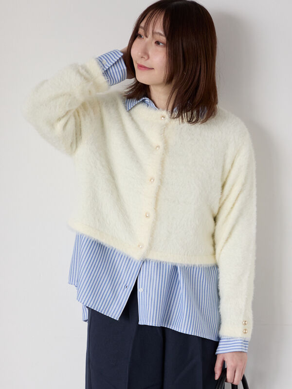 セール】 金釦フェザーニットカーディガン（オフホワイト/ピンク