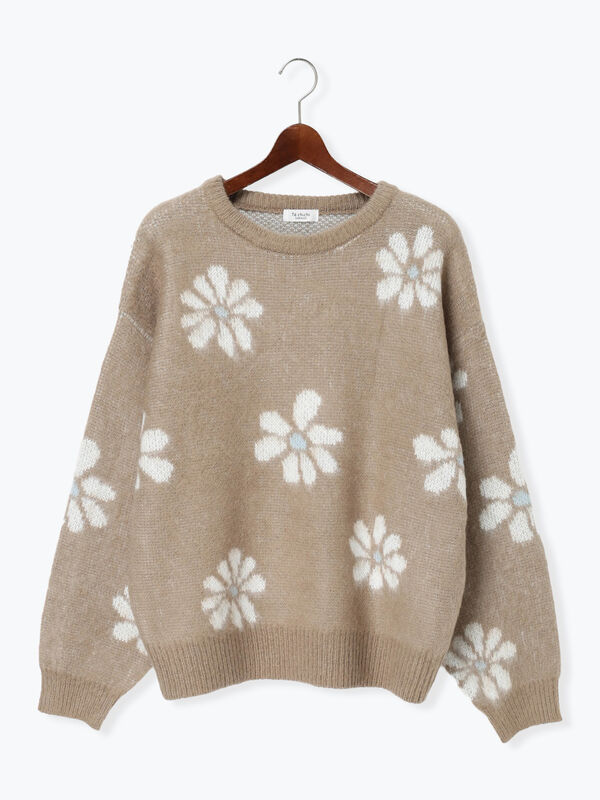 セール】 起毛花柄ジャカードニットプルオーバー（グレー/ブラック