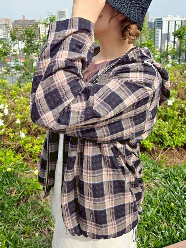 セール】 マドラスチェックフードパーカー（ブラック/レッド/オレンジ