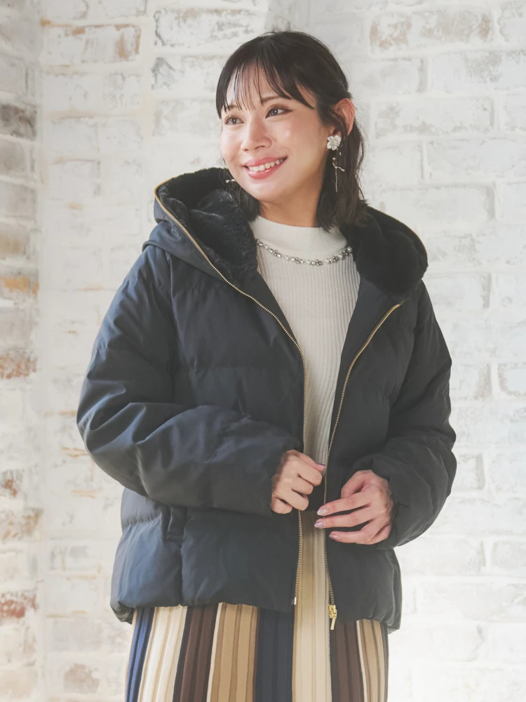 フェイクファーフードショートダウン（大きいサイズ・ぽっちゃり女子